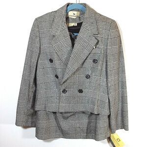 Vintage Haberdasher Wool Houndstooth Skirt Suit 12 Black White Double Breasted